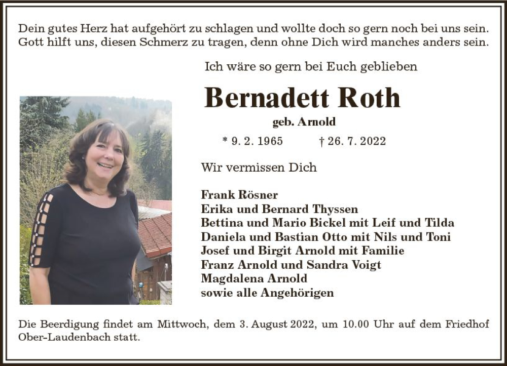  Traueranzeige für Bernadett Roth vom 02.08.2022 aus vrm-trauer Bürstädter/Lamperth. Ztg/Starkenburger