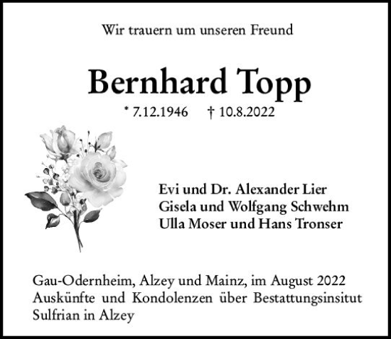 Traueranzeige von Bernhard Topp von vrm-trauer Allgemeine Zeitung Alzey