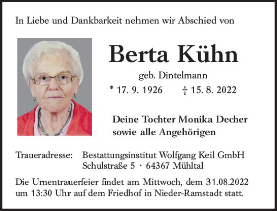 Traueranzeige von Berta Kühn von vrm-trauer Darmstädter Echo
