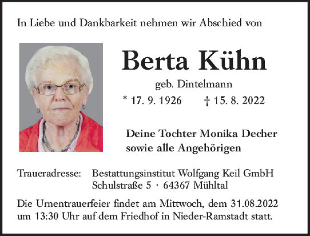  Traueranzeige für Berta Kühn vom 27.08.2022 aus vrm-trauer Darmstädter Echo