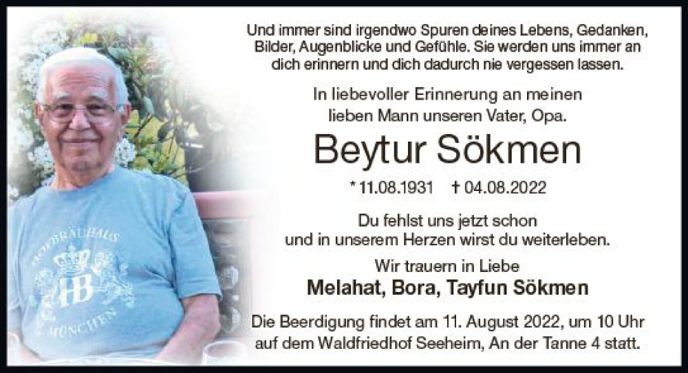  Traueranzeige für Beytur Sökmen vom 10.08.2022 aus vrm-trauer Darmstädter Echo
