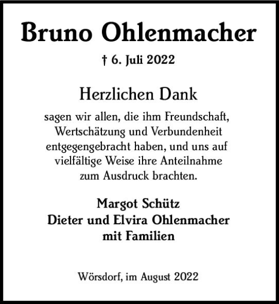 Traueranzeige von Bruno Ohlenmacher von vrm-trauer Idsteiner Zeitung