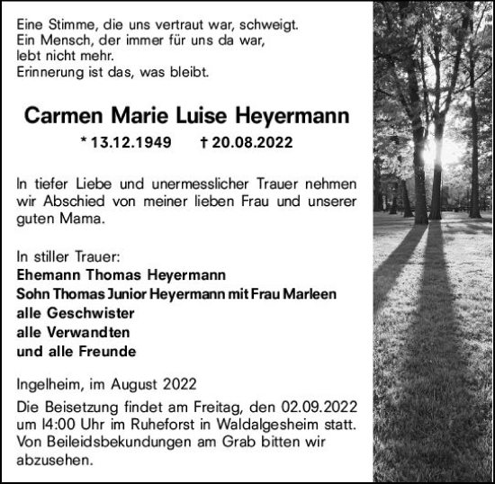 Traueranzeige von Carmen Marie Luise Heyermann von vrm-trauer AZ Mainz