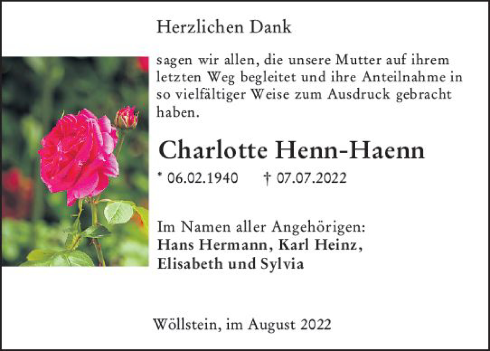  Traueranzeige für Charlotte Henn-Haenn vom 20.08.2022 aus vrm-trauer AZ Mainz