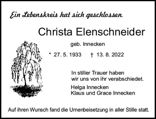 Traueranzeige von Christa Elenschneider von vrm-trauer Darmstädter Echo