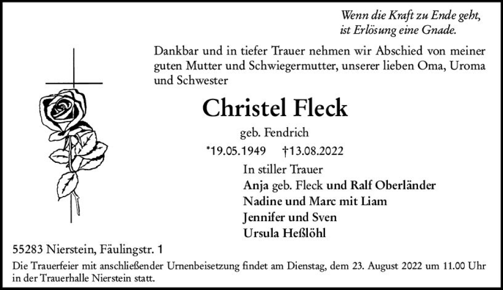  Traueranzeige für Christel Fleck vom 20.08.2022 aus vrm-trauer AZ Mainz