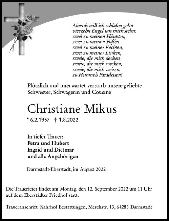 Traueranzeige von Christiane Mikus von vrm-trauer Darmstädter Echo