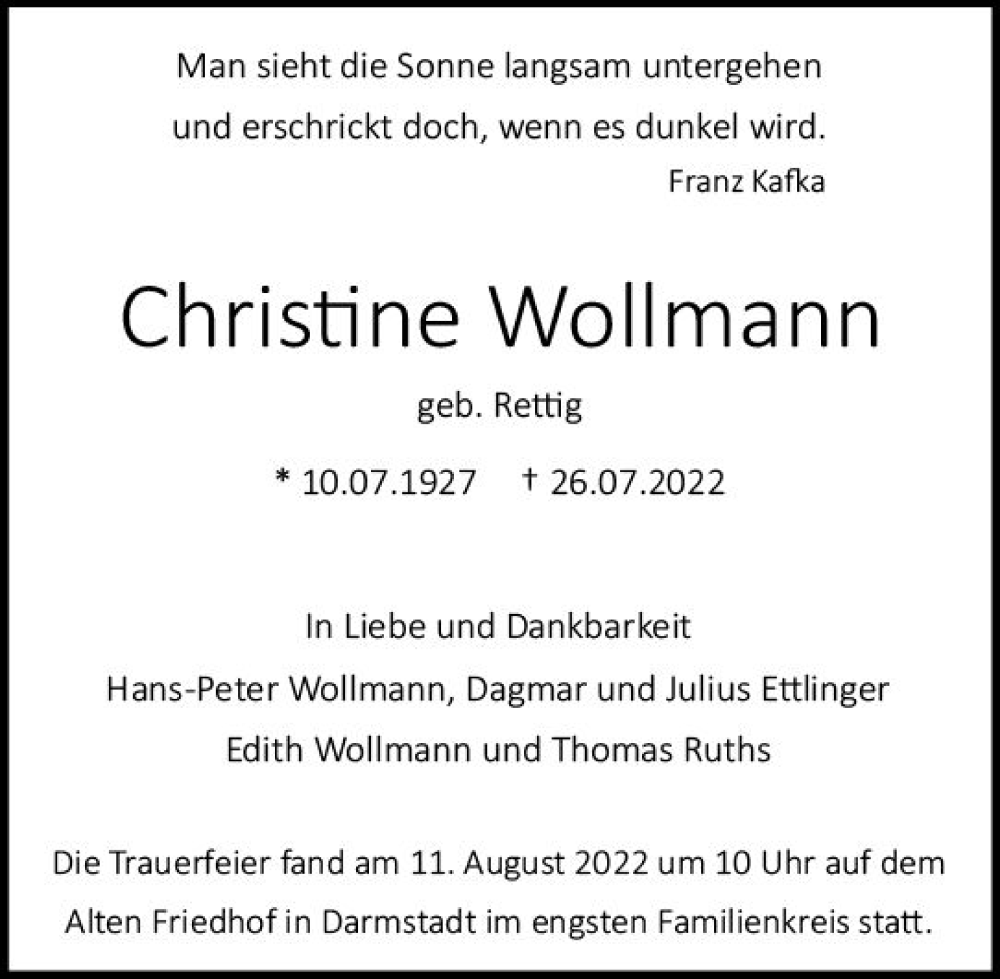  Traueranzeige für Christine Wollmann vom 13.08.2022 aus vrm-trauer Darmstädter Echo
