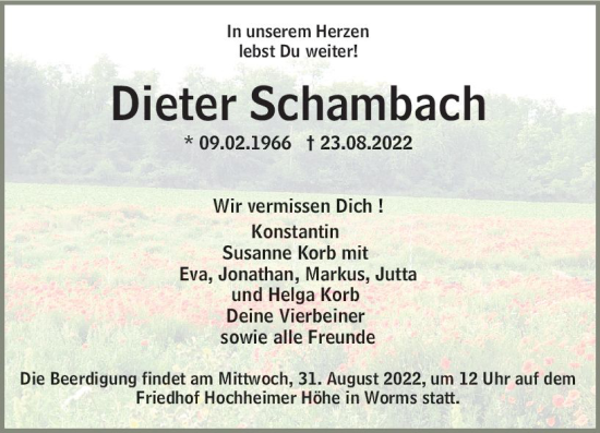 Traueranzeige von Dieter Schambach von vrm-trauer Wormser Zeitung