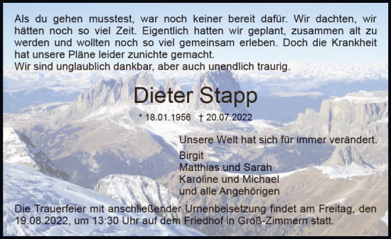 Traueranzeige von Dieter Stapp von vrm-trauer DieburgerAnzeiger/Groß-Zimmerner Lokala