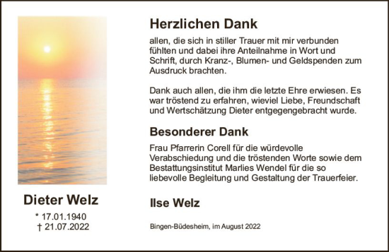 Traueranzeige von Dieter Welz von vrm-trauer Allgemeine  Zeitung Ingelheim-Bingen