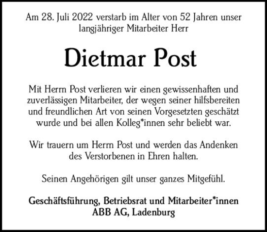 Traueranzeige von Dietmar Post von vrm-trauer Bürstädter/Lamperth. Ztg/Starkenburger