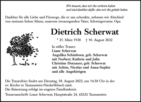 Traueranzeige von Dietrich Scherwat von vrm-trauer WK-UTA