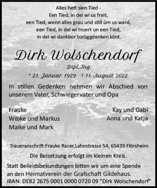 Traueranzeige von Dirk Wolschendorf von vrm-trauer Wiesbadener Kurier