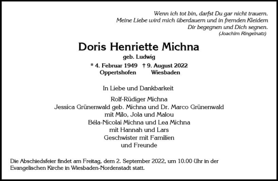 Traueranzeige von Doris Henriette Michna von vrm-trauer Wiesbadener Kurier