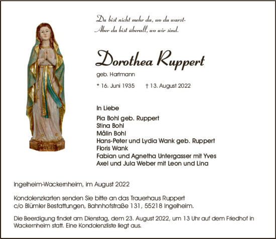 Traueranzeige von Dorothea Ruppert von vrm-trauer Allgemeine  Zeitung Ingelheim-Bingen
