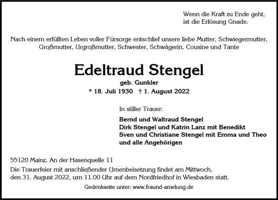 Traueranzeige von Edeltraud Stengel von vrm-trauer Wiesbadener Kurier