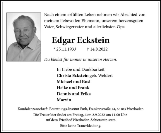 Traueranzeige von Edgar Eckstein von vrm-trauer Wiesbadener Kurier