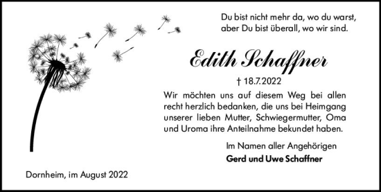 Traueranzeige von Edith Schaffner von vrm-trauer Groß-Gerauer Echo