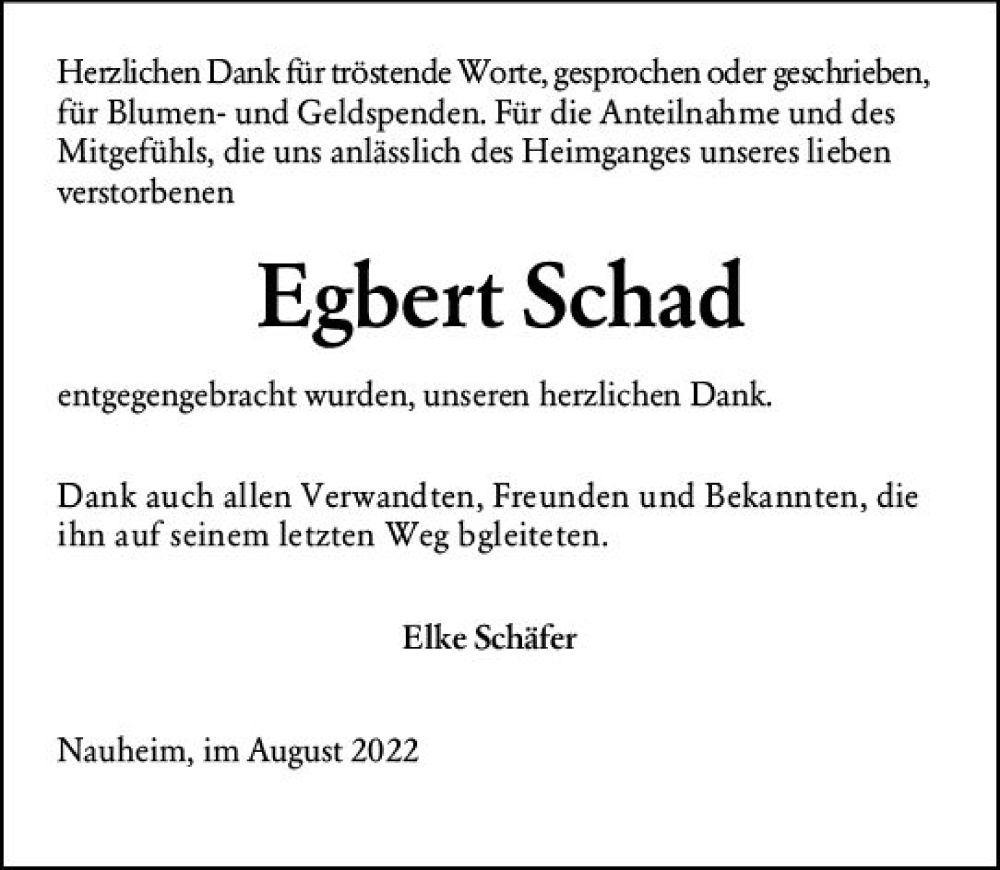 Traueranzeige für Egbert Schad vom 13.08.2022 aus vrm-trauer Rüsselsheimer Echo / MainSpitze