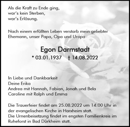 Traueranzeige von Egon Darmstadt von vrm-trauer AZ Mainz
