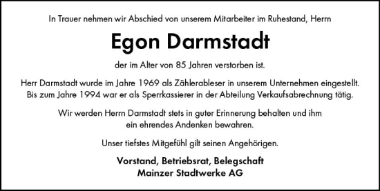Traueranzeige von Egon Darmstadt von vrm-trauer AZ Mainz
