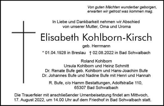 Traueranzeige von Elisabeth Kohlborn-Kirsch von vrm-trauer WK-UTA