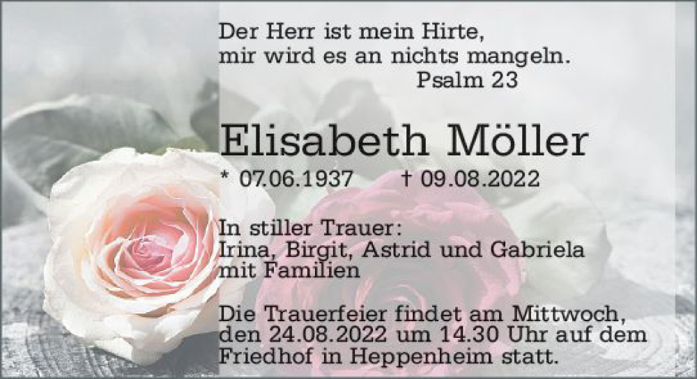  Traueranzeige für Elisabeth Möller vom 20.08.2022 aus vrm-trauer Bürstädter/Lamperth. Ztg/Starkenburger