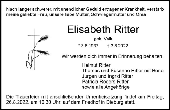 Traueranzeige von Elisabeth Ritter von vrm-trauer DieburgerAnzeiger/Groß-Zimmerner Lokala