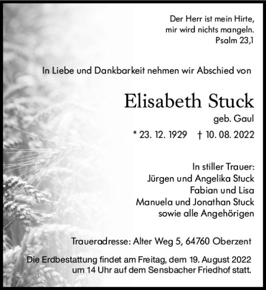 Traueranzeige von Elisabeth Stuck von vrm-trauer Odenwälder Echo