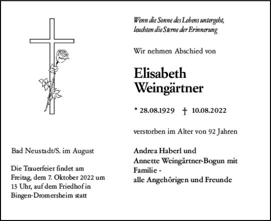 Traueranzeige von Elisabeth Weingärtner von vrm-trauer Allgemeine  Zeitung Ingelheim-Bingen