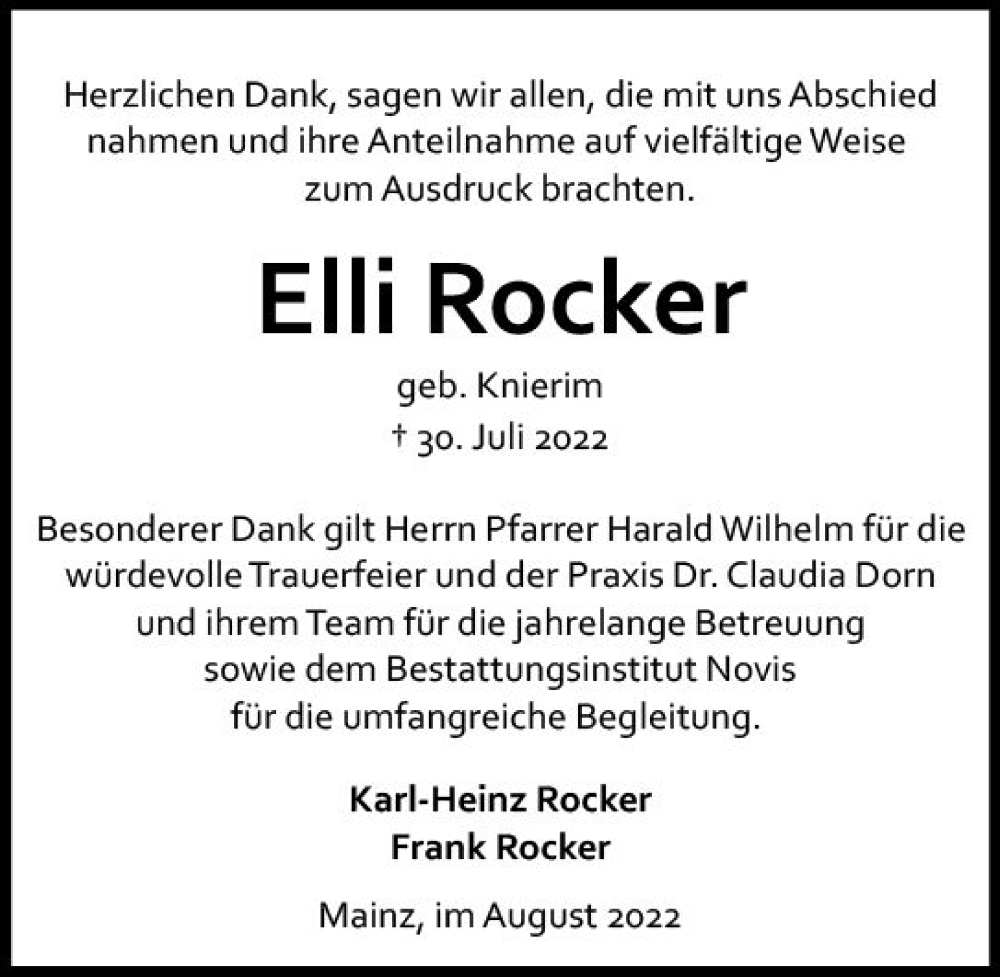  Traueranzeige für Elli Rocker vom 27.08.2022 aus vrm-trauer AZ Mainz