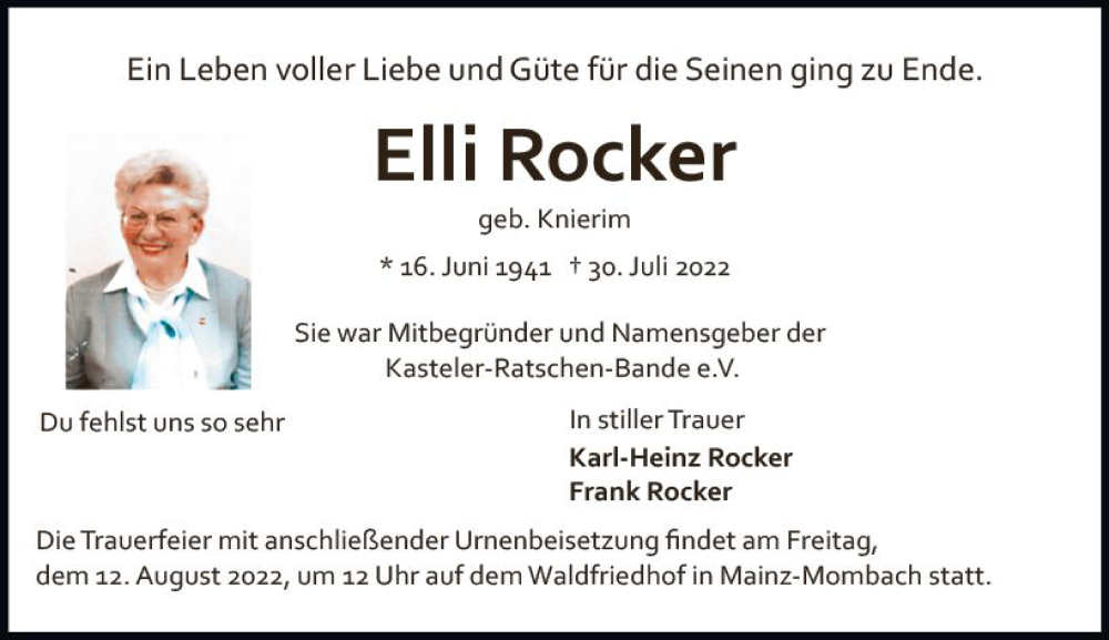  Traueranzeige für Elli Rocker vom 06.08.2022 aus vrm-trauer AZ Mainz