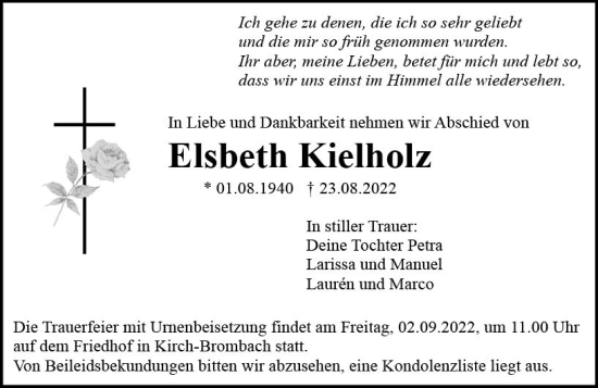 Traueranzeige von Elsbeth Kielholz von vrm-trauer Odenwälder Echo