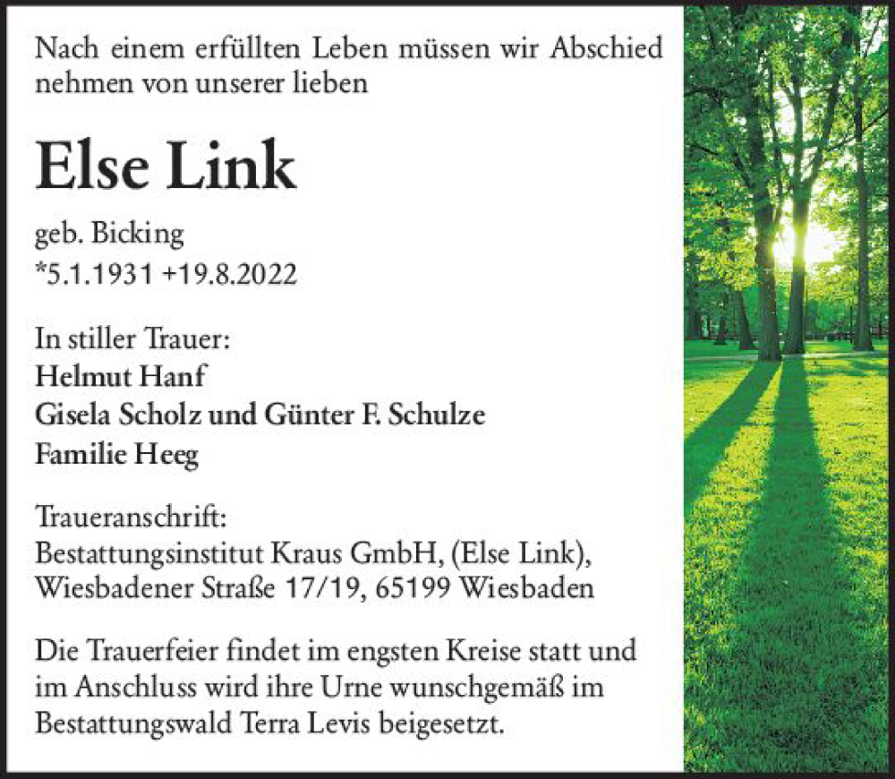  Traueranzeige für Else Link vom 27.08.2022 aus vrm-trauer Wiesbadener Kurier