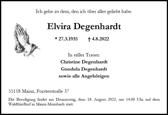 Traueranzeige von Elvira Degenhardt von vrm-trauer AZ Mainz