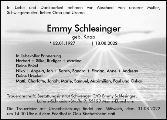 Traueranzeige von Emmy Schlesinger von vrm-trauer AZ Mainz