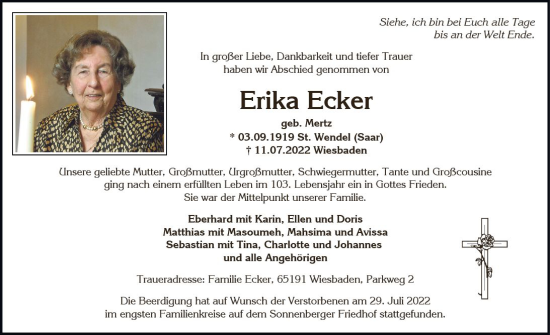 Traueranzeige von Erika Ecker von vrm-trauer Wiesbadener Kurier