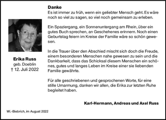 Traueranzeige von Erika Russ von vrm-trauer Wiesbadener Kurier