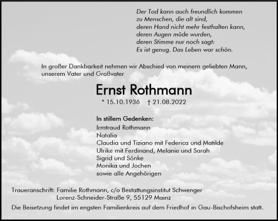 Traueranzeige von Ernst Rothmann von vrm-trauer AZ Mainz