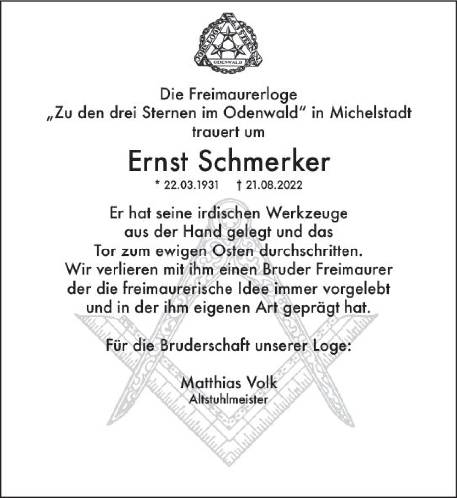  Traueranzeige für Ernst Schmerker vom 27.08.2022 aus vrm-trauer Odenwälder Echo