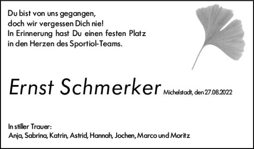  Traueranzeige für Ernst Schmerker vom 27.08.2022 aus vrm-trauer Odenwälder Echo