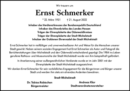 Traueranzeige von Ernst Schmerker von vrm-trauer Odenwälder Echo