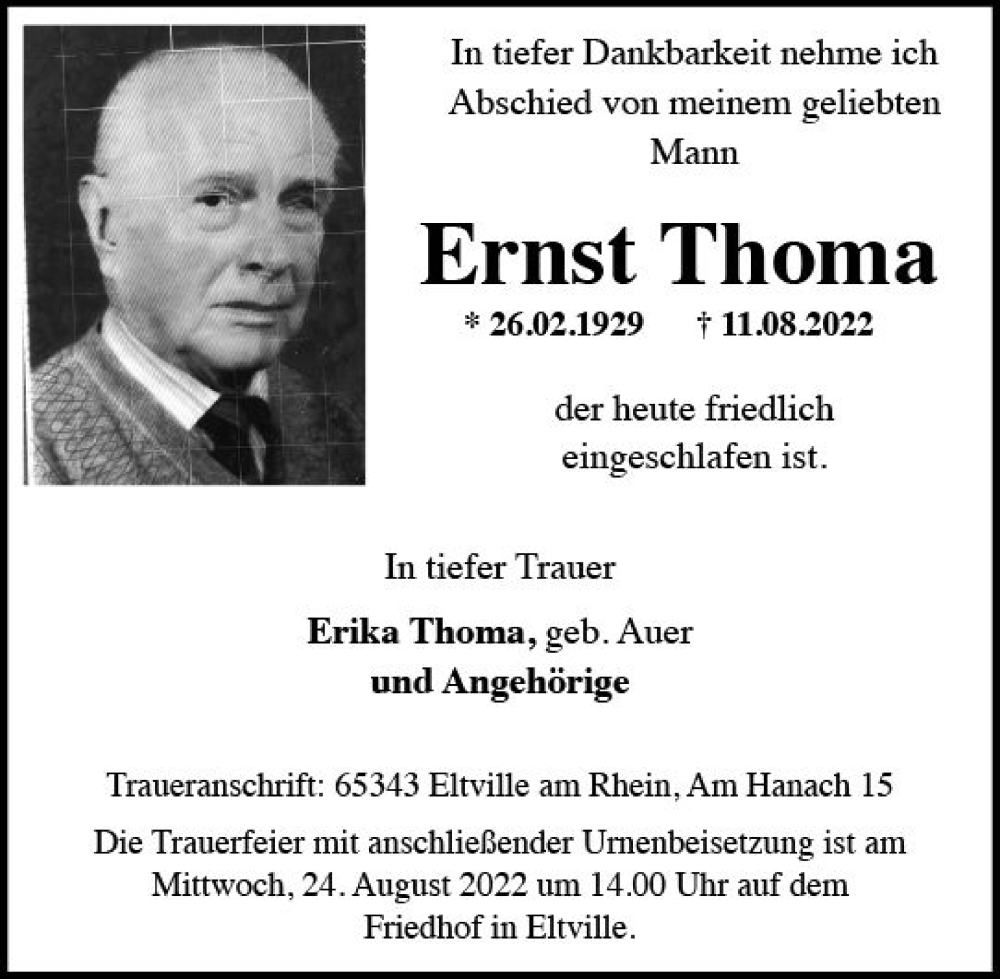  Traueranzeige für Ernst Thoma vom 20.08.2022 aus vrm-trauer Wiesbadener Kurier