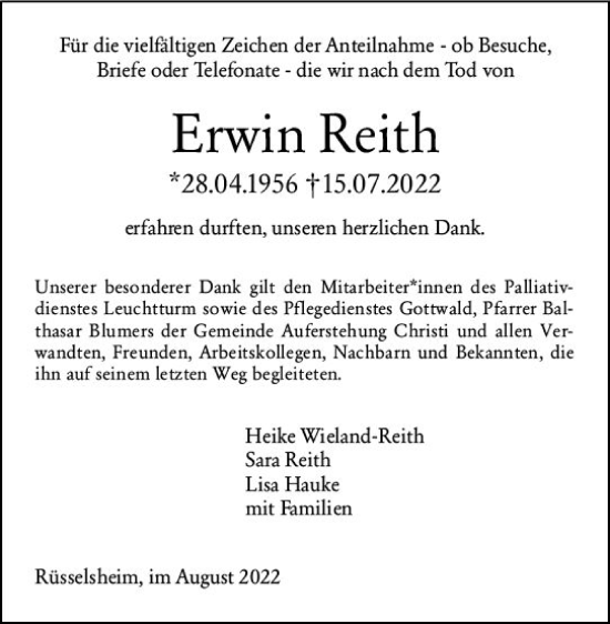 Traueranzeige von Erwin Reith von vrm-trauer Rüsselsheimer Echo / MainSpitze