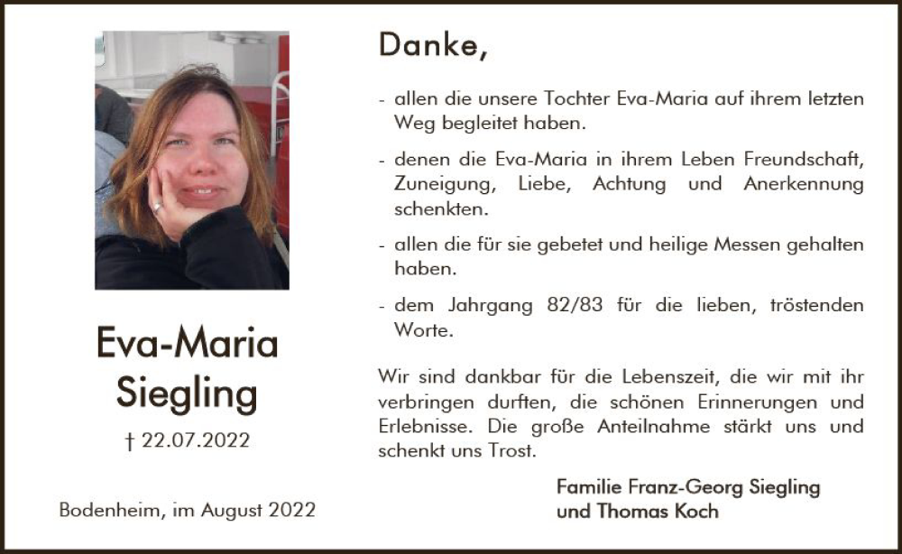  Traueranzeige für Eva-Maria Siegling vom 20.08.2022 aus vrm-trauer AZ Mainz