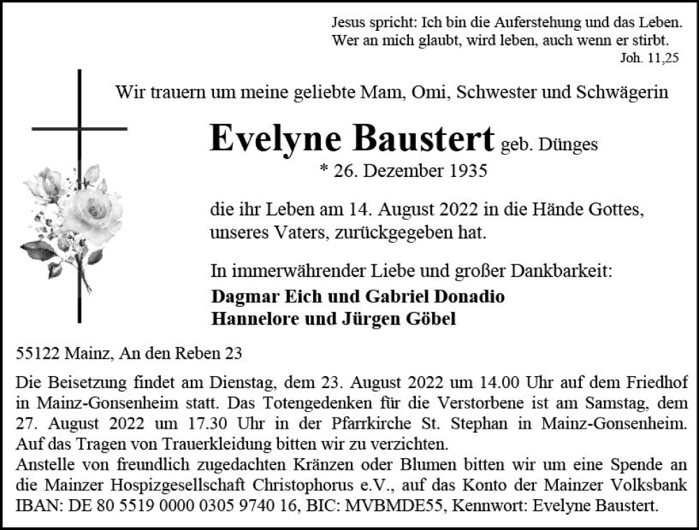  Traueranzeige für Evelyne Baustert vom 20.08.2022 aus vrm-trauer Allgemeine  Zeitung Ingelheim-Bingen