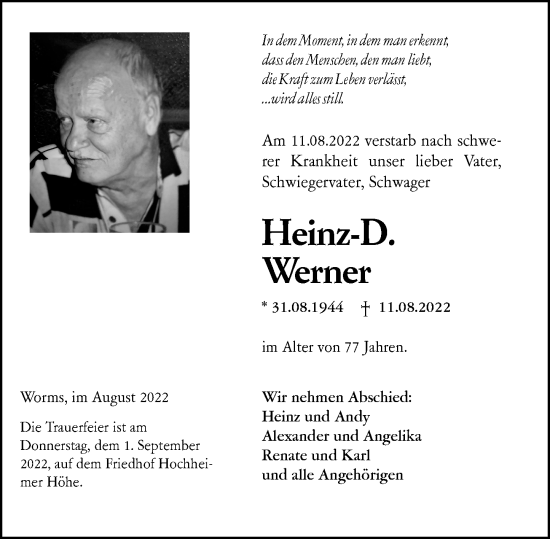 Traueranzeige von Heinz-D. Werner von vrm-trauer Wormser Zeitung