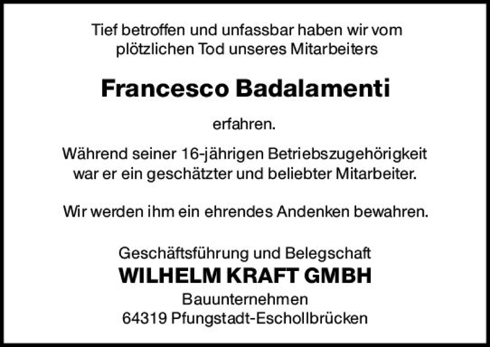  Traueranzeige für Francesco Badalamenti vom 13.08.2022 aus vrm-trauer Darmstädter Echo