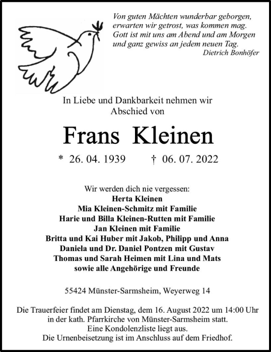 Traueranzeige von Frans Kleinen von vrm-trauer Allgemeine  Zeitung Ingelheim-Bingen